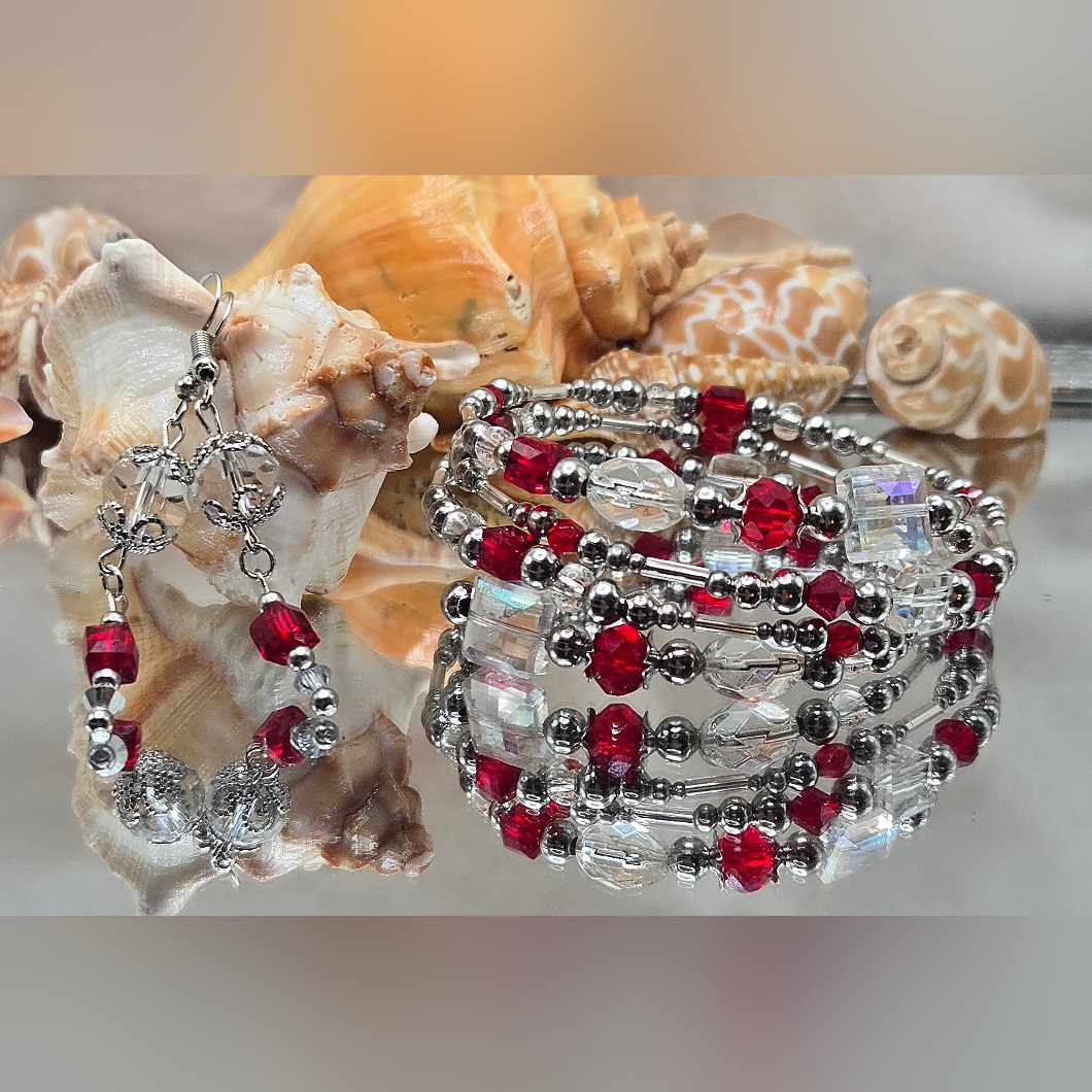 Chic Red And Silver Beaded Bracelet Set